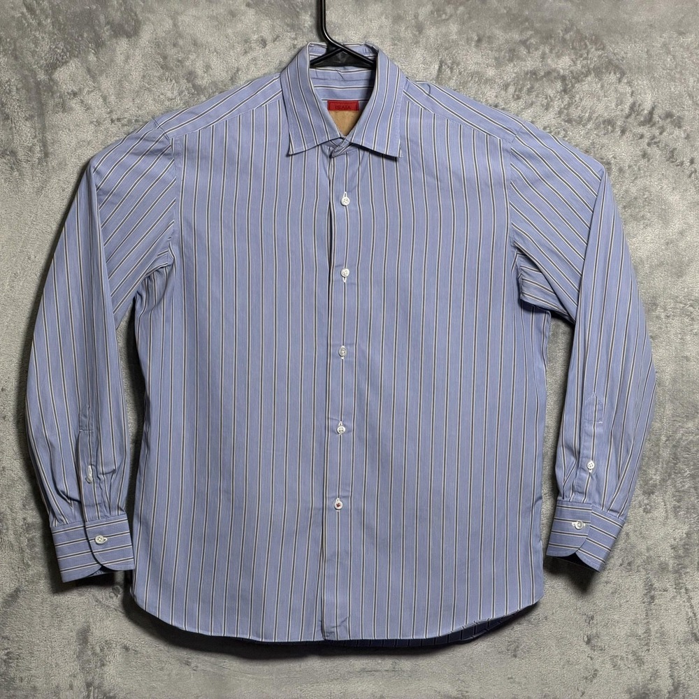 Isaia Napoli Dress Shirt Mens 15.5 Blue Brown Stripe Spread Collar Long Sleeve